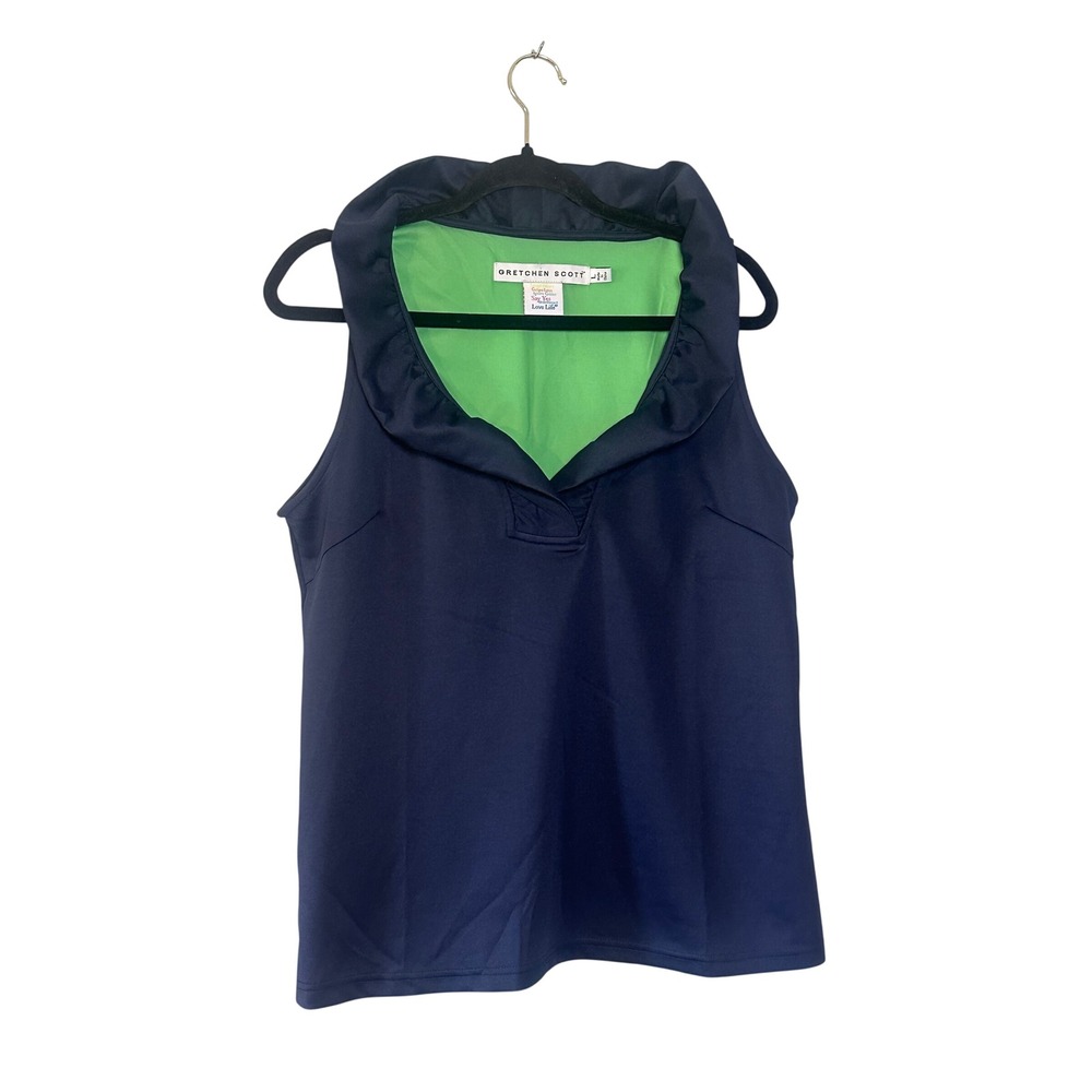 Gretchen Scott Navy Blue Lime Green Ruffle Neck Sleeveless Top Womens Large L
